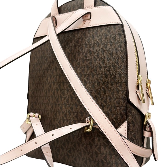 Michael Kors Medium Zip Pocket Backpack Brown MK Powder Blush Pink - Picture 4 of 7